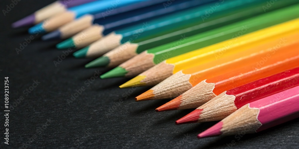 A row of colored pencils on a black background with vibrant hues and sharp edges, colorful, organized, pencil collection, workspace decor, artistic accessories A row of colored pencils on a black background with vibrant hues and sharp edges, colorful, organized, pencil collection, workspace decor, artistic accessories