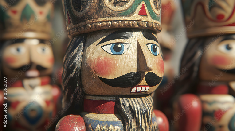 Fototapeta premium Collection of colorful hand-painted nutcracker soldiers on a wooden table