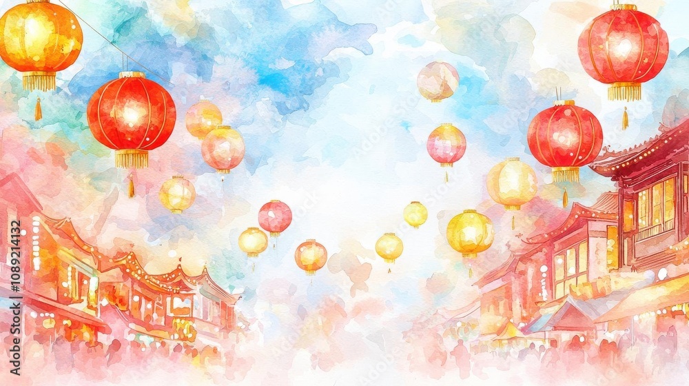 Obraz premium Chinese new year lantern watercolor illustration. Street filled with watercolor lanterns, bustling market below, soft light illuminating festive red and gold hues