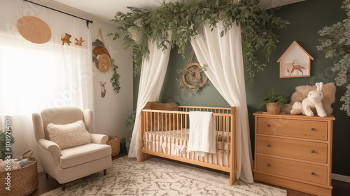 Cozy Woodland Nursery: A charming and inviting nursery space, decorated in a woodland theme with natural elements and soft textures. The room features a crib, a cozy armchair, a dresser.