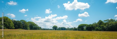 A serene landscape with a field of short grass surrounded by large trees and a clear blue sky with white clouds, fields, green, sun