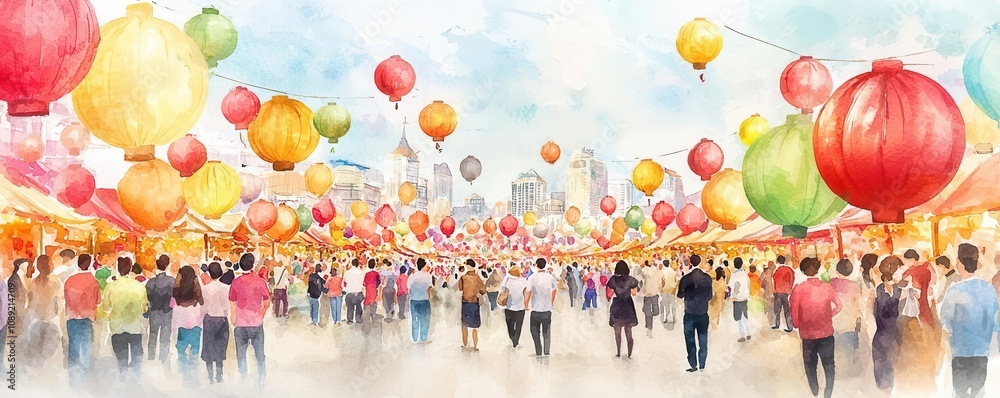 custom made wallpaper toronto digitalChinese new year lantern watercolor illustration. Watercolor of a bustling market square filled with lanterns and people, lively colors capturing the festive spirit