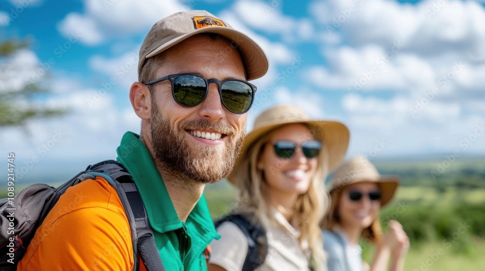 Group of happy smiling friends hiking together in a beautiful scenic mountain landscape carrying backpacks and enjoying the outdoor adventure and Group of happy smiling friends hiking together in a beautiful scenic mountain landscape carrying backpacks and enjoying the outdoor adventure and