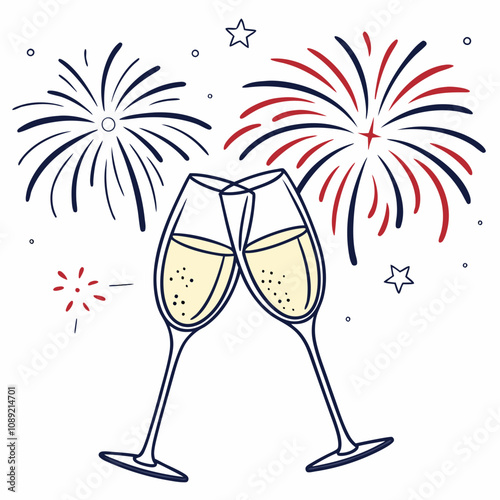 New Years Eve celebration with champagne glasses and fireworks display