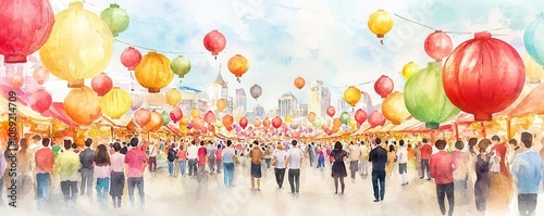 Wallpaper Mural Chinese new year lantern watercolor illustration. Watercolor of a bustling market square filled with lanterns and people, lively colors capturing the festive spirit Torontodigital.ca