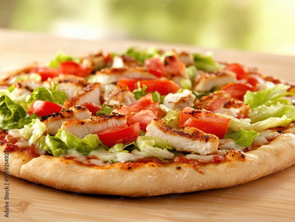 delicious pizza topped with grilled chicken, fresh vegetables, and melted cheese delicious pizza topped with grilled chicken, fresh vegetables, and melted cheese