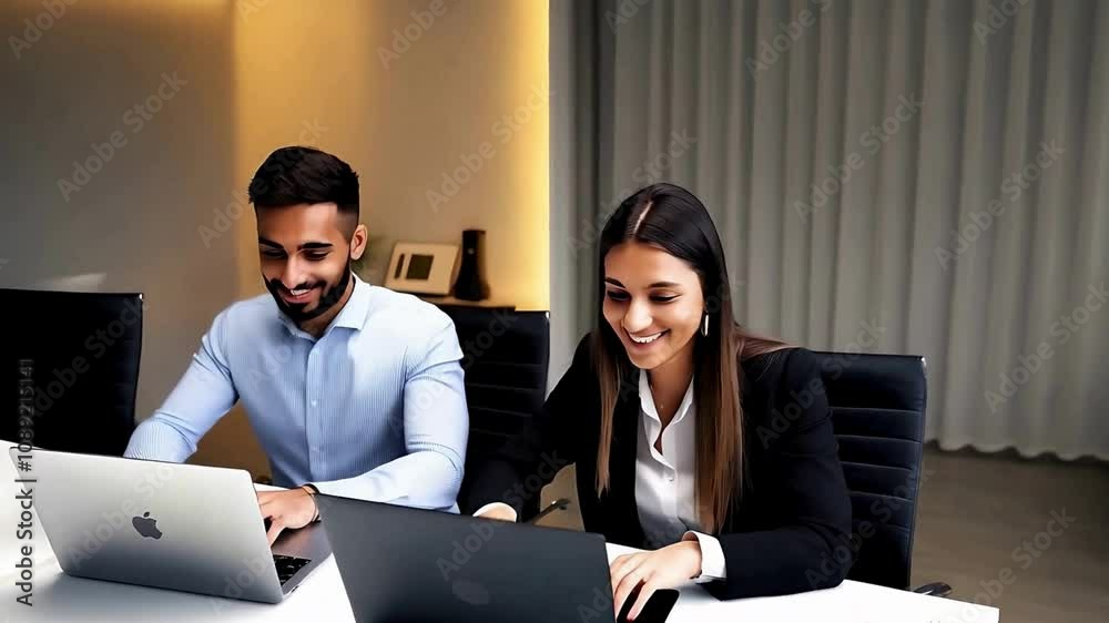 Happy busy executive people working together in office. Female manager showing financial results to colleague at work. Two professional team business man and woman using laptop at corporate meeting. 