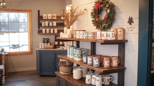 A cozy coffee shop corner with wooden shelves filled with holiday-themed mugs, candles, and a festive wreath on the wall. photo