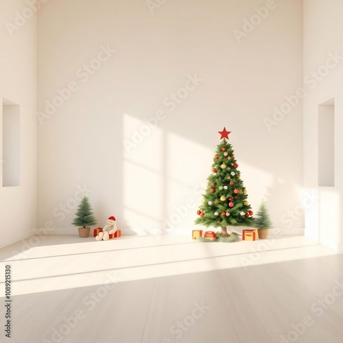 Minimalist Christmas Interior with Decorated Tree and Gifts