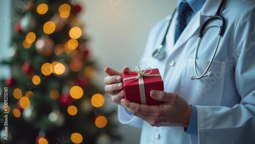 A female doctor in a white coat holds a gift box with a red bow in her hands against the background of a beautifully decorated Christmas tree. Christmas and New Year medical banner concept.