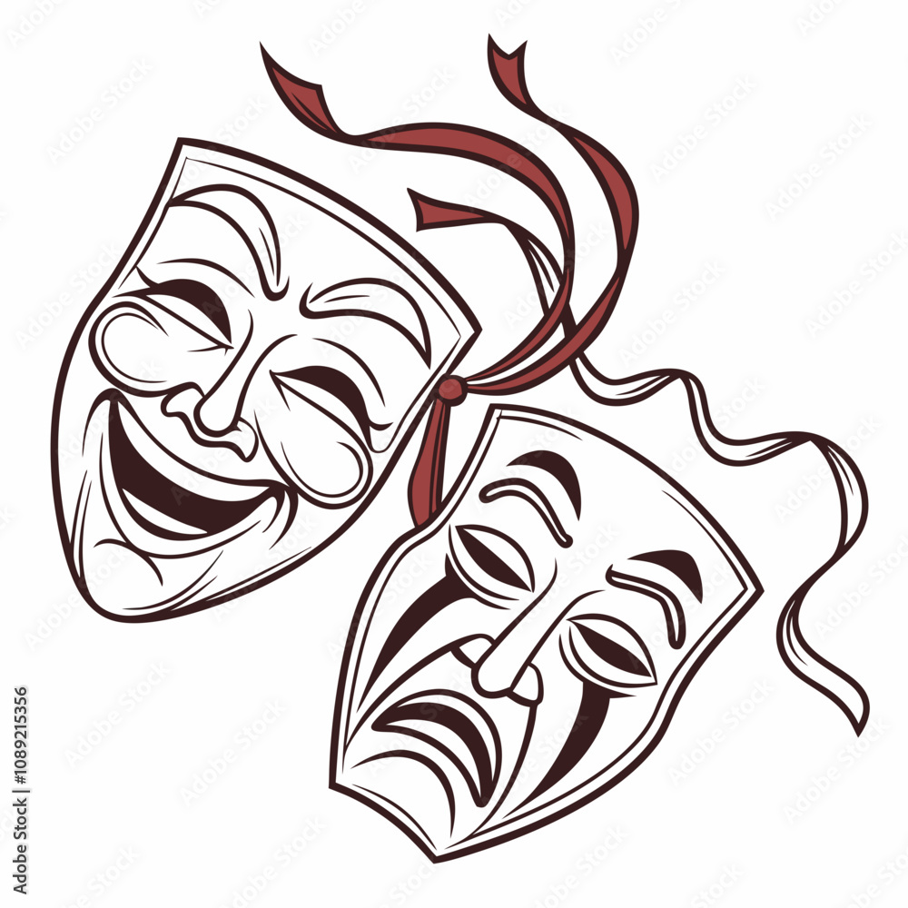 Two theater masks representing joy and sadness in an artistic design Two theater masks representing joy and sadness in an artistic design