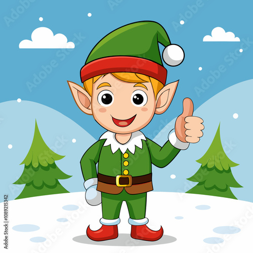 Happy elf giving a thumbs up with snow and trees in the background