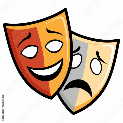 Dual theater masks represent emotion with happy and sad expressions