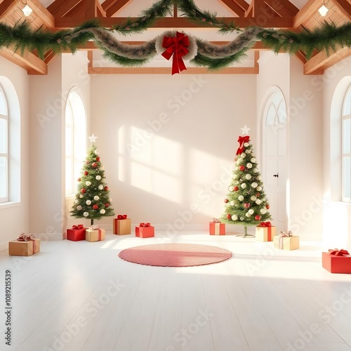 Christmas Interior with Decorated Fir Trees and Presents