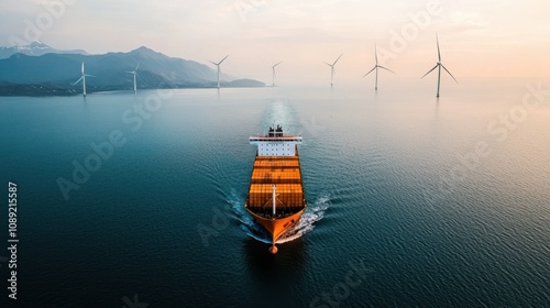 Hybrid-powered cargo vessel unloading at a pristine coastal port global shipping scene tranquil environment aerial view maritime innovation