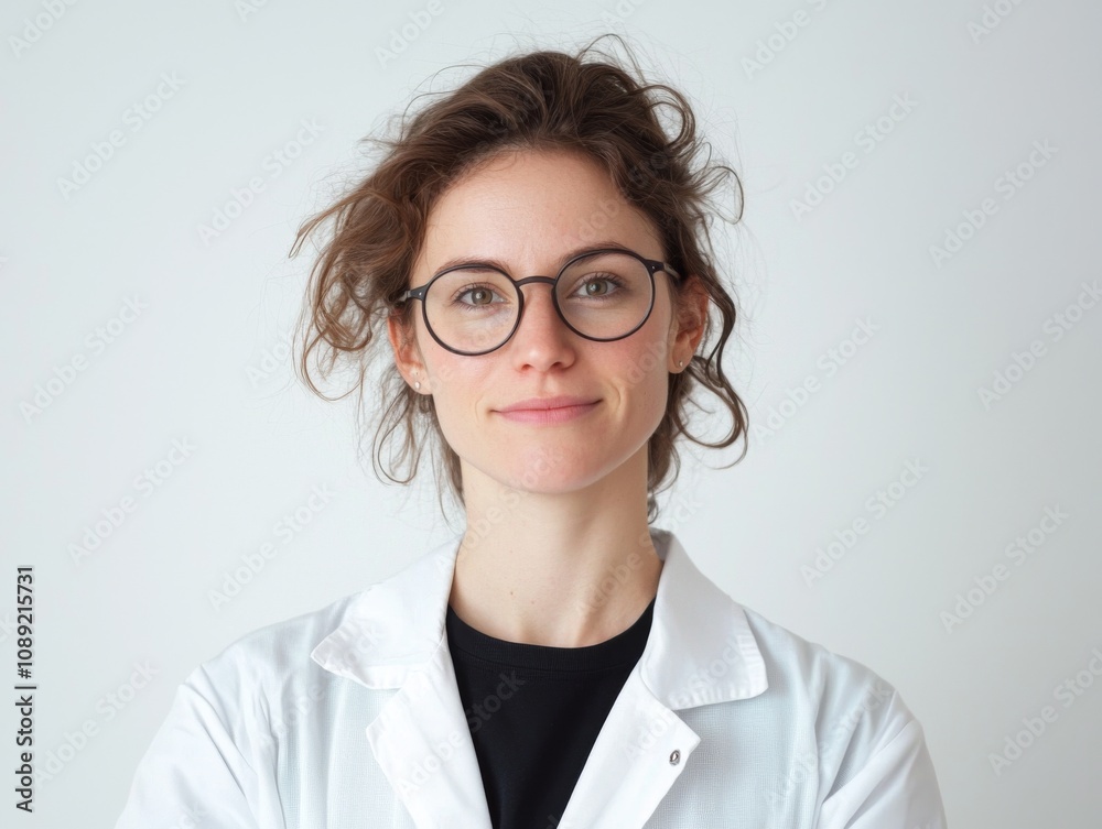 Portrait of a scientist, wearing a lab coat with glasses, light and natural makeup, focused and intelligent expression, white background Portrait of a scientist, wearing a lab coat with glasses, light and natural makeup, focused and intelligent expression, white background