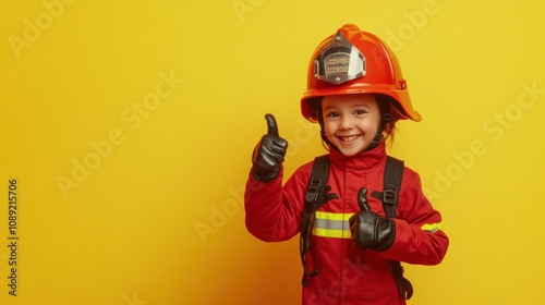 A cheerful child in a firefighter costume giving thumbs up against a yellow background.