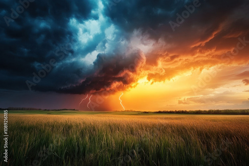 Dramatic storm clouds loom over a vast field, contrasting vivid orange sunlight with deep blues, as lightning strikes in the distance.