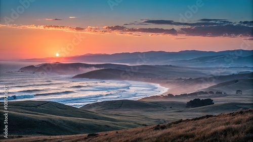 The sun rises slowly over the rolling hills and waves of the ocean at morning break, ocean horizon, gentle sunrise, soft focus