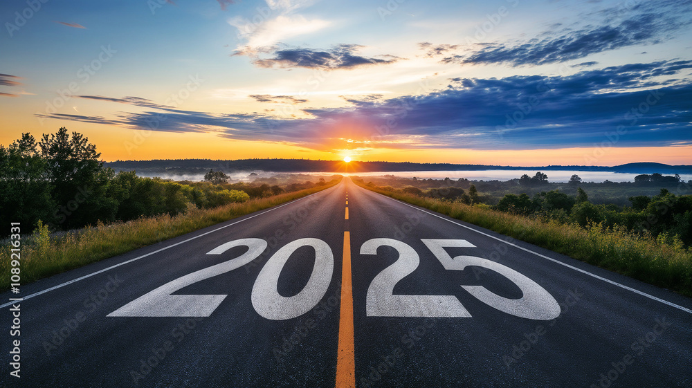 Fototapeta 2025 written in middle of road with natural environment and sunset or sunrise. New year path, goals, targets concept. 