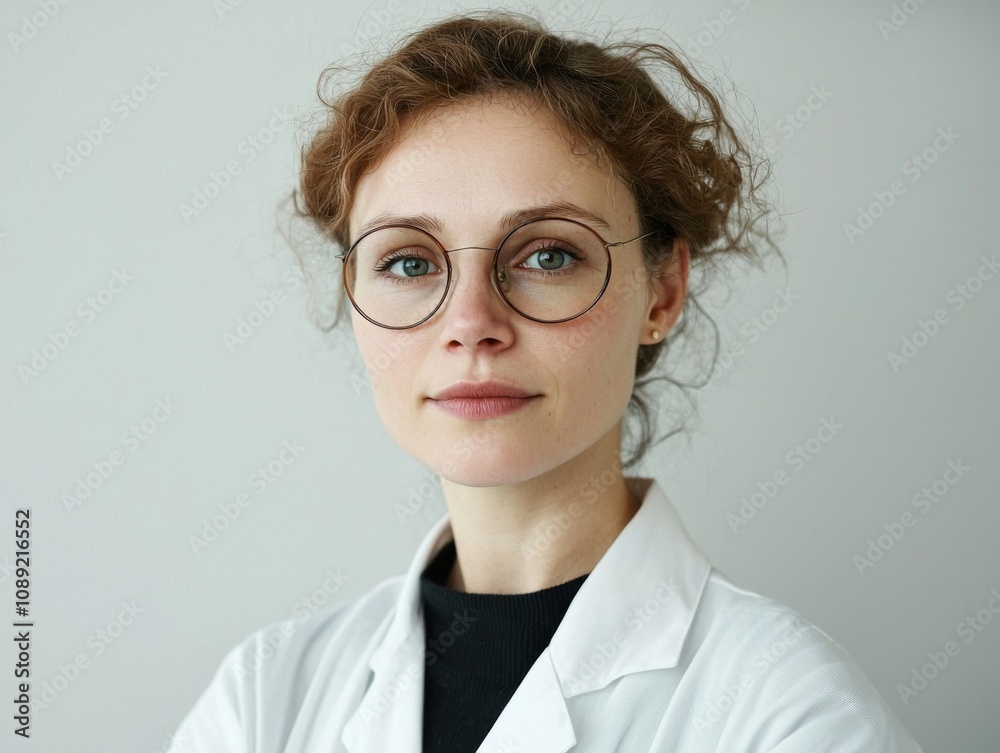 Portrait of a scientist, wearing a lab coat with glasses, light and natural makeup, focused and intelligent expression, white background Portrait of a scientist, wearing a lab coat with glasses, light and natural makeup, focused and intelligent expression, white background