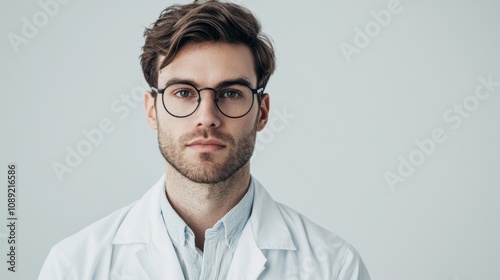 Portrait of a scientist, wearing a lab coat with glasses, light and natural makeup, focused and intelligent expression, white background