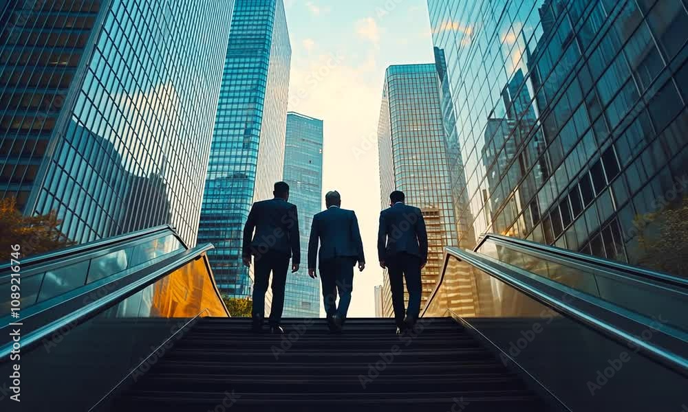Three businesspeople ascending stairs in a modern urban setting.