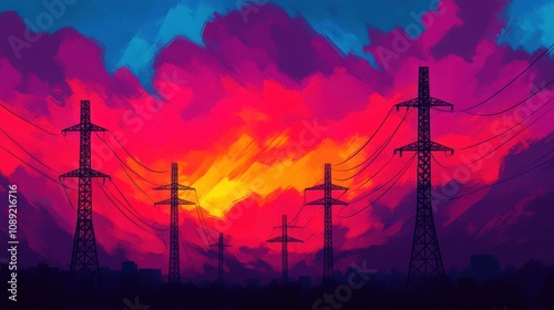 Power lines against a vibrant sunset industrial landscape digital artwork urban environment artistic viewpoint modern concept