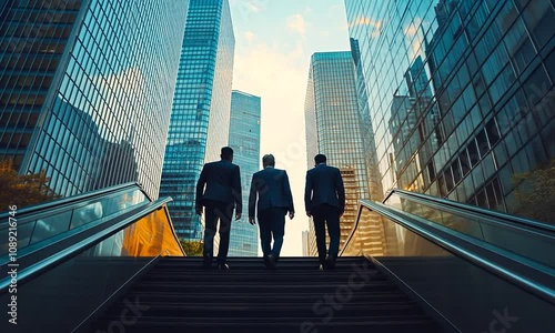 Three businesspeople ascending stairs in a modern urban setting.