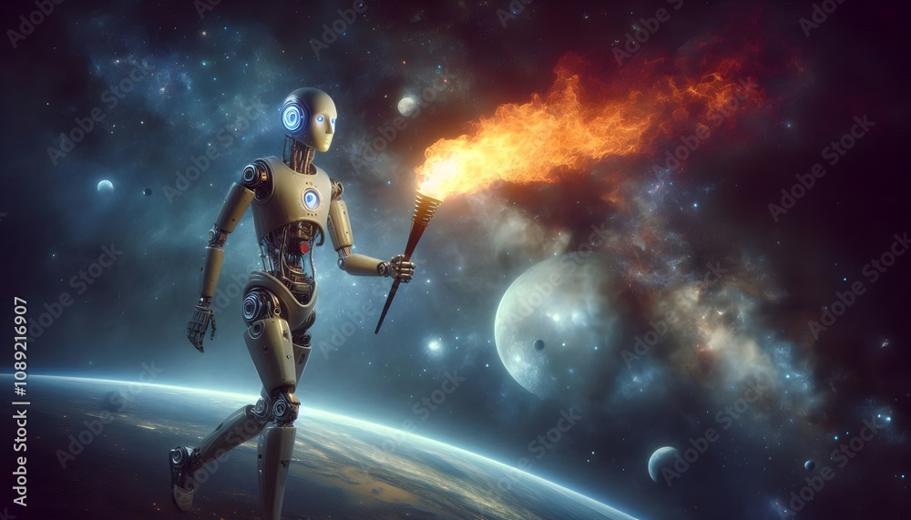 Fototapeta premium artificial intelligence robot torch flame cosmic space exploration humanity future