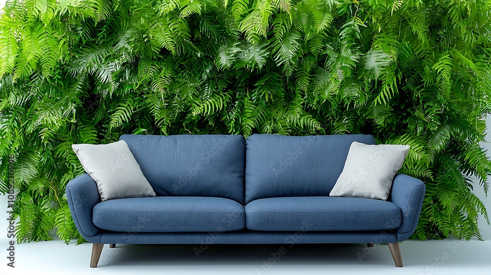 The modern living room interior features a sleek blue sofa, accented by lush green foliage that enhances the airy and inviting space The modern living room interior features a sleek blue sofa, accented by lush green foliage that enhances the airy and inviting space