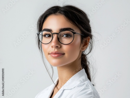 Portrait of a scientist, wearing a lab coat with glasses, light and natural makeup, focused and intelligent expression, white background