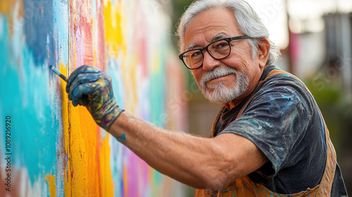 Senior artist joyfully creating a vibrant mural in an outdoor urban setting during golden hour. Generative AI photo