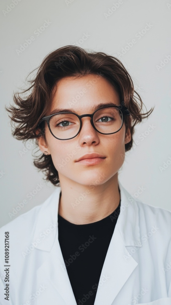 Portrait of a scientist, wearing a lab coat with glasses, light and natural makeup, focused and intelligent expression, white background Portrait of a scientist, wearing a lab coat with glasses, light and natural makeup, focused and intelligent expression, white background