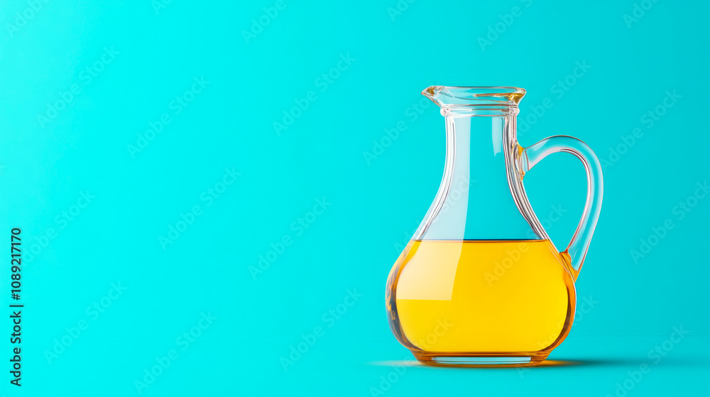 Discover the warmth of culinary art with a glass jug filled with golden olive oil against a serene blue backdrop celebrating simplicity and elegance in cooking Discover the warmth of culinary art with a glass jug filled with golden olive oil against a serene blue backdrop celebrating simplicity and elegance in cooking