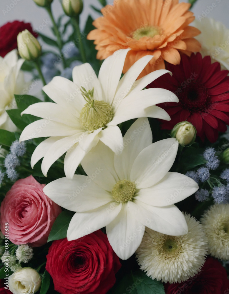 Close-up of a vibrant floral arrangement featuring daisies, gerberas, and roses Close-up of a vibrant floral arrangement featuring daisies, gerberas, and roses