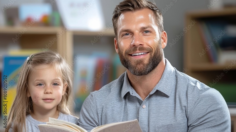 Loving father spending time with his young daughter reading a book together in a cozy home interior with shelves in the background Loving father spending time with his young daughter reading a book together in a cozy home interior with shelves in the background