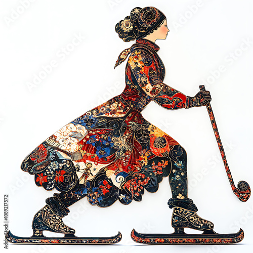 beautifully crafted figure of woman ice skating, adorned in intricate floral patterns and vibrant colors, showcasing blend of art and sport photo