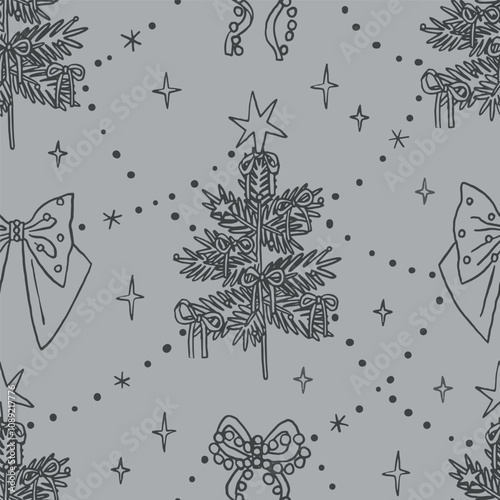 Vintage Christmas coquette seamless pattern line art whimsical style. Festive design  Christmas trees with stars and bows. Retro holiday wrapping paper. Nostalgic Christmas, traditional elements