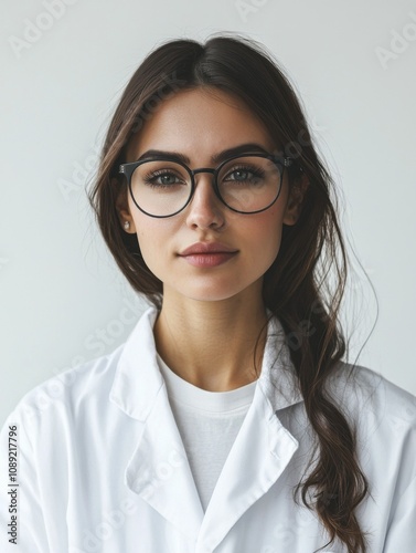 Portrait of a scientist, wearing a lab coat with glasses, light and natural makeup, focused and intelligent expression, white background