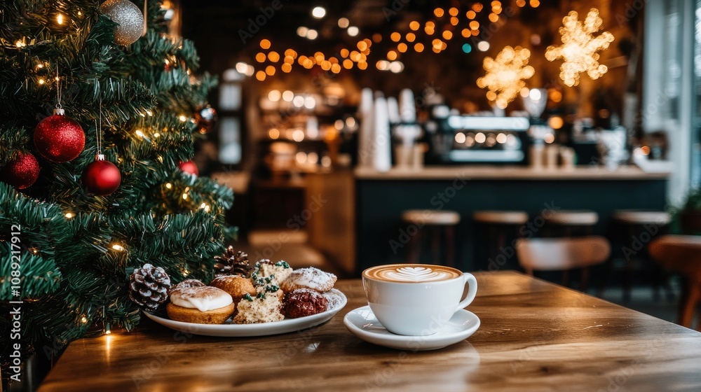 Naklejka premium A festive coffee shop interior with a table set with holiday treats, a steaming cup of coffee, and Christmas decor on the walls.