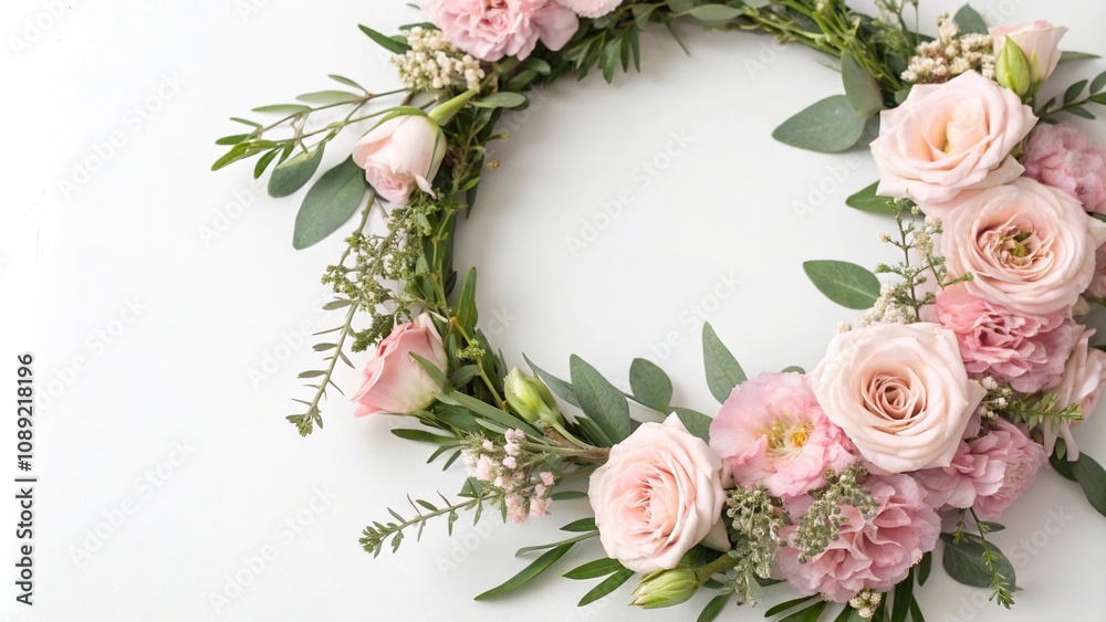 Soft pink floral wreath with delicate flowers and greenery, home decor accessories, pastel pink background, spring elements Soft pink floral wreath with delicate flowers and greenery, home decor accessories, pastel pink background, spring elements