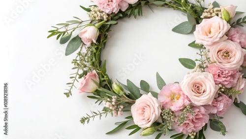 Soft pink floral wreath with delicate flowers and greenery, home decor accessories, pastel pink background, spring elements