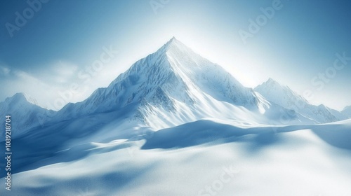 Light gradient background, blue-white tones and snowy mountains.