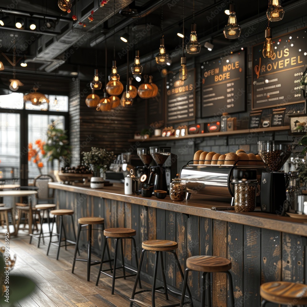 Rustic Coffee Shop Interior with Exposed Brick Walls and Wooden Bar Rustic Coffee Shop Interior with Exposed Brick Walls and Wooden Bar