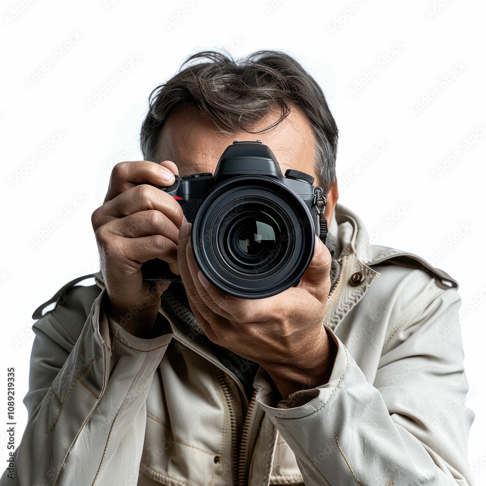 Photographer with camera on white background closeup shots. Photographer with camera on white background closeup shots.