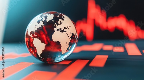 A glass globe representing Earth sits on a digital graph with red trends, symbolizing global economics and market fluctuations.