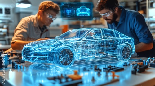 Engineers collaborating on automotive technology in a modern workshop during daytime photo