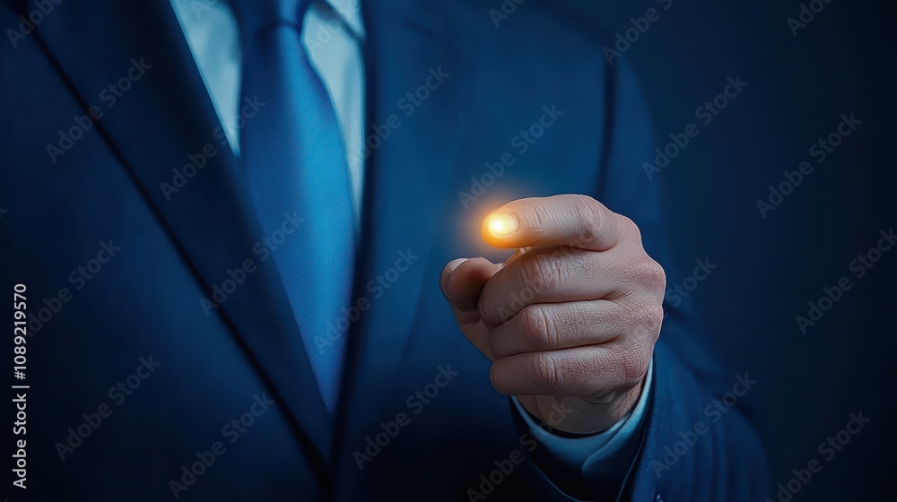Fototapeta premium Businessman in suit activates glowing button, symbolizing technological innovation and futuristic user interface design.
