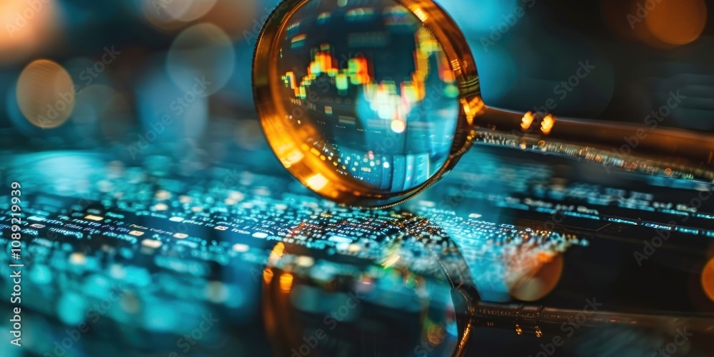Magnifying glass analyzing stock market data and charts on computer screen. Concepts. Financial analysis, investment, trading, and market research Magnifying glass analyzing stock market data and charts on computer screen. Concepts. Financial analysis, investment, trading, and market research
